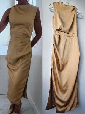 Friend Of Audrey Australia Gold Rouched Satin Asymmetric Sleeveless Midi Dress